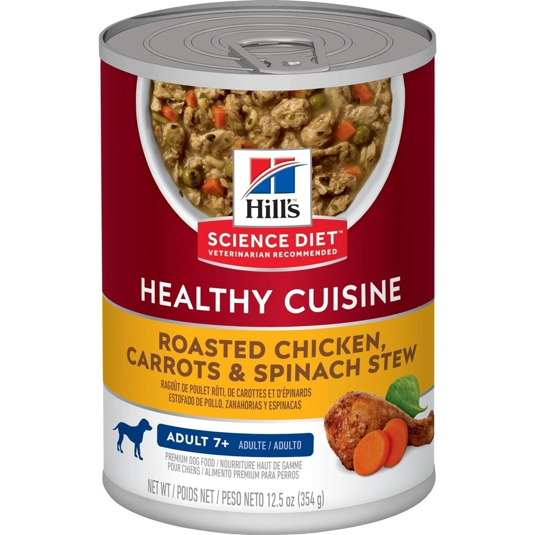 Hill's Science Diet Adult 7+ Healthy Cuisine Chicken Carrots & Spinach Stew Canned Dog Food, 10449, 12.5 OZ Can 1 Hill's Science Diet Adult 7+ Healthy Cuisine Chicken Carrots & Spinach Stew Canned Dog Food, 10449, 12.5 OZ Can