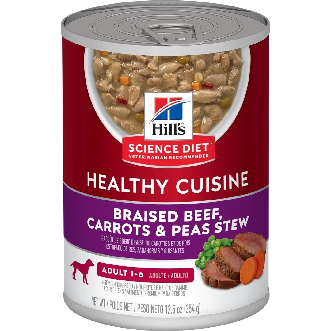 Hill's Science Diet Adult 1-6 Healthy Cuisine Braised Beef Carrots & Peas Stew Canned Dog Food, 10451, 12.5 OZ Can 1 Hill's Science Diet Adult 1-6 Healthy Cuisine Braised Beef Carrots & Peas Stew Canned Dog Food, 10451, 12.5 OZ Can