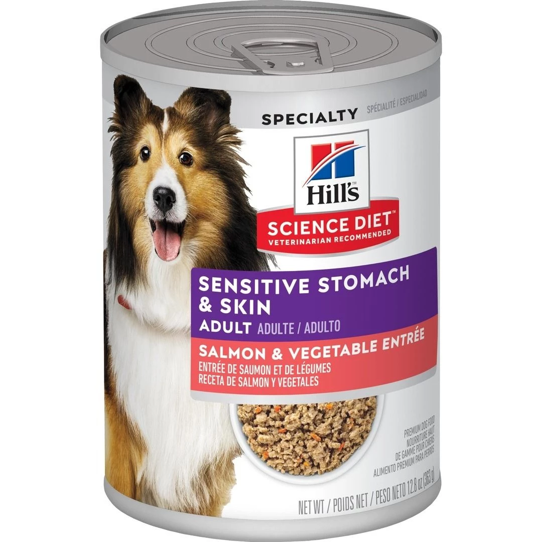 Hill's Science Diet Adult Sensitive Stomach & Skin Salmon & Vegetable Canned Dog Food, 3045, 12.8 OZ Can 1 Hill's Science Diet Adult Sensitive Stomach & Skin Salmon & Vegetable Canned Dog Food, 3045, 12.8 OZ Can