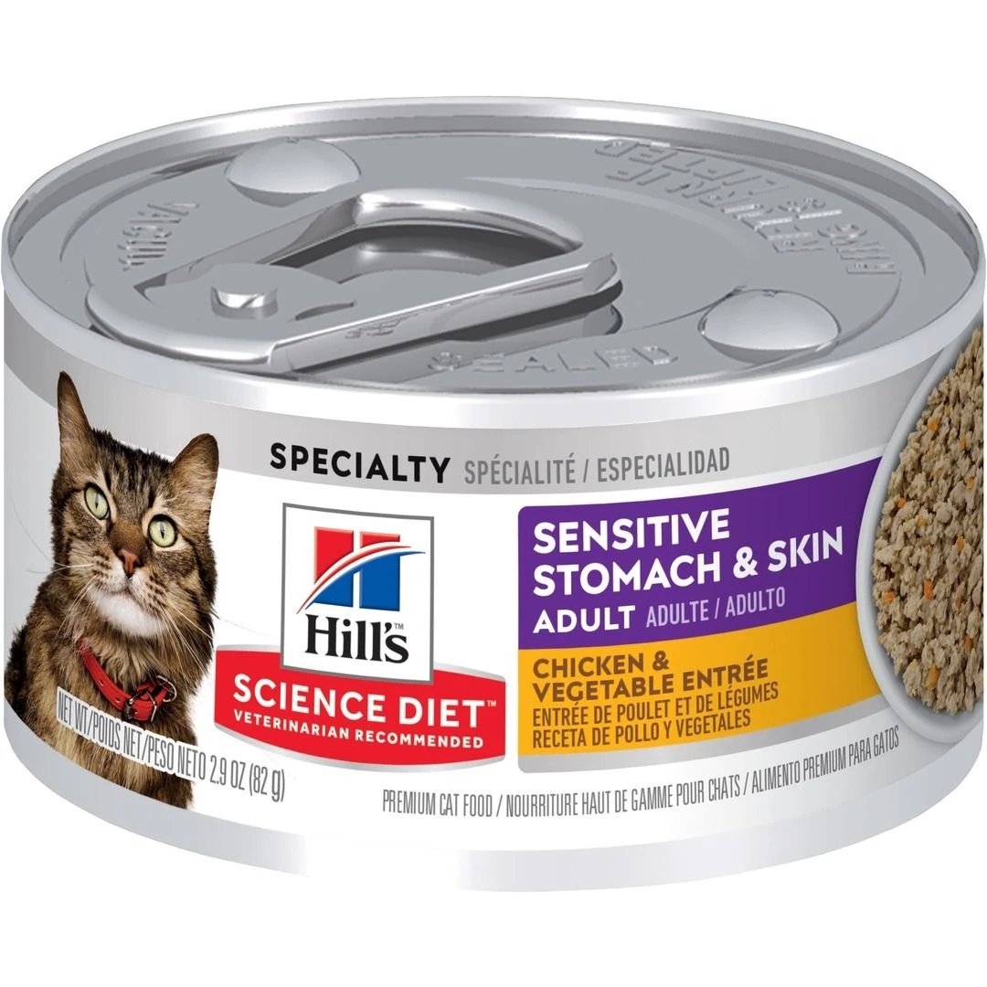 Hill's Science Diet Adult Sensitive Stomach & Skin Chicken & Vegetable Entre Canned Cat Food, 10642, 2.9 OZ Can 1 Hill's Science Diet Adult Sensitive Stomach & Skin Chicken & Vegetable Entre Canned Cat Food, 10642, 2.9 OZ Can