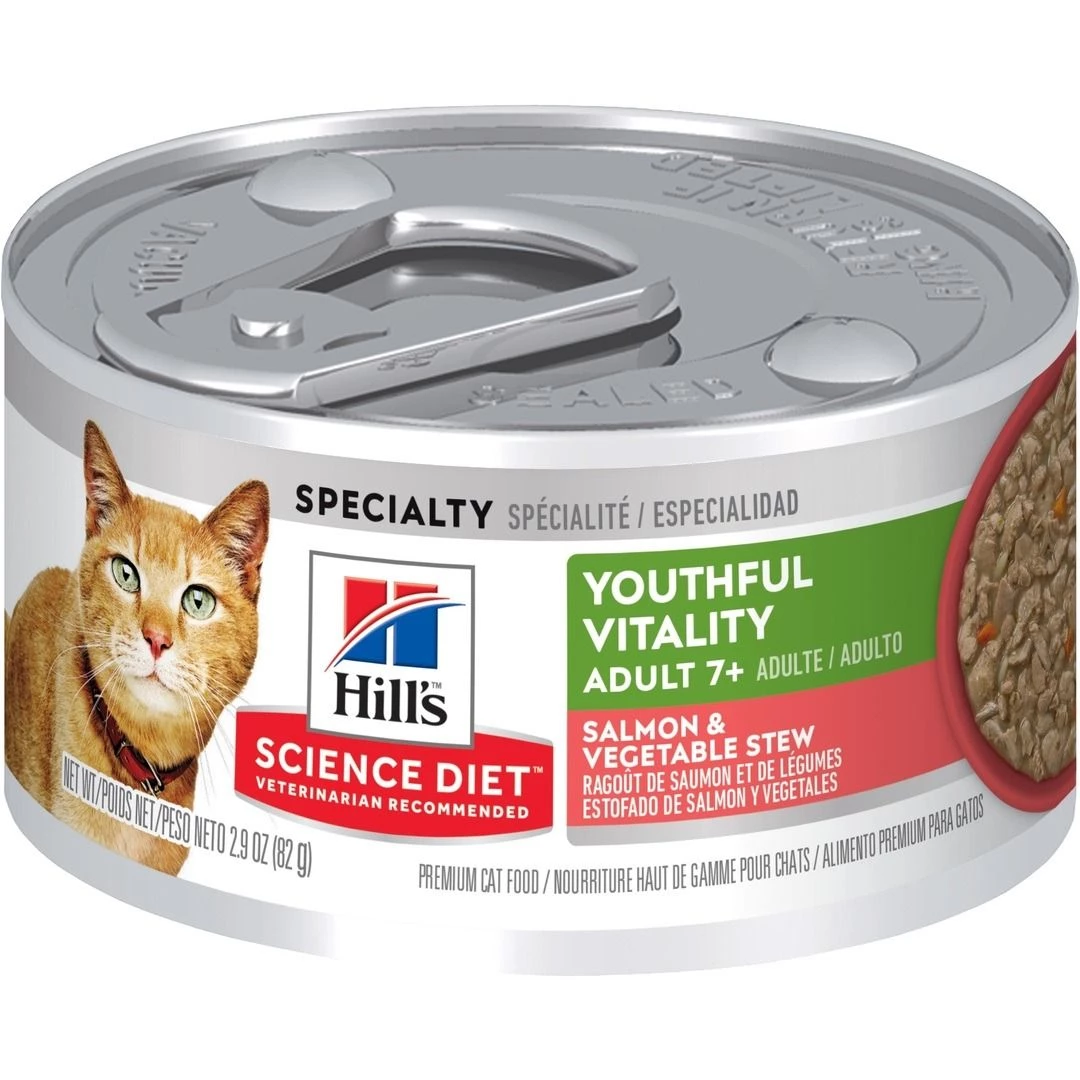 Hill's Science Diet Adult 7+ Youthful Vitality Salmon & Vegetable Stew Canned Cat Food, 10769, 2.9 OZ Can 1 Hill's Science Diet Adult 7+ Youthful Vitality Salmon & Vegetable Stew Canned Cat Food, 10769, 2.9 OZ Can
