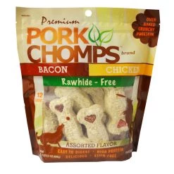 Premium Pork Chomps Crunchy Bone Variety with Bacon and Chicken Dog Treats, DT524V