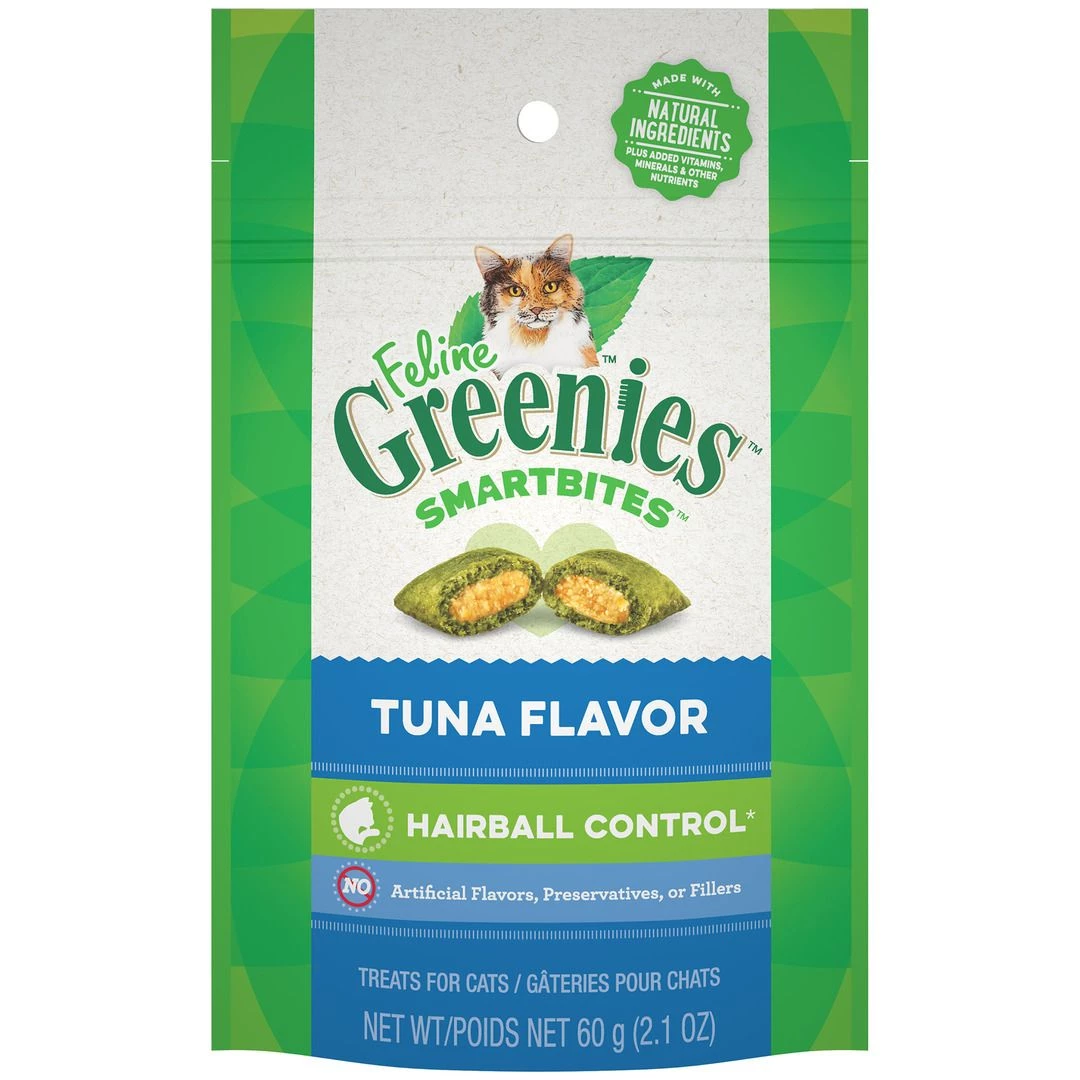 Greenies Hairball Control Crunchy and Soft Natural Cat Treats, Tuna Flavor, 10153215, 2.1 OZ Bag 1 Greenies Hairball Control Crunchy and Soft Natural Cat Treats, Tuna Flavor, 10153215, 2.1 OZ Bag