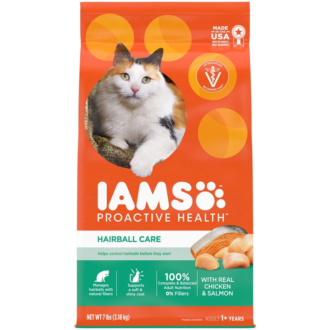 IAMS Adult Hairball Care Dry Cat Food with Chicken and Salmon Cat Kibble, 10178299, 7 LB Bag 1 IAMS Adult Hairball Care Dry Cat Food with Chicken and Salmon Cat Kibble, 10178299, 7 LB Bag