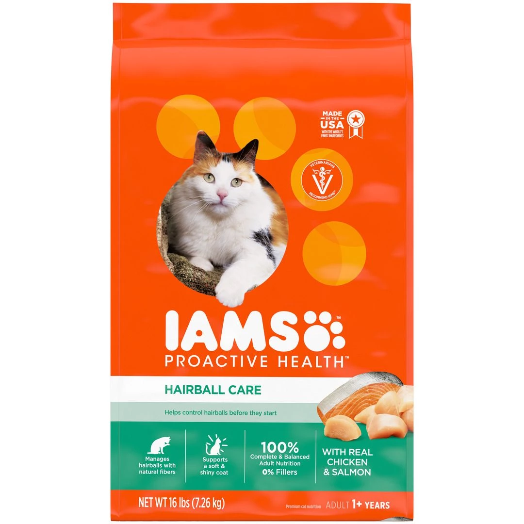 IAMS Adult Hairball Care Dry Cat Food with Chicken and Salmon Cat Kibble, 10178577, 16 LB Bag 1 IAMS Adult Hairball Care Dry Cat Food with Chicken and Salmon Cat Kibble, 10178577, 16 LB Bag
