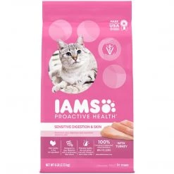 IAMS Adult Sensitive Digestion & Skin, Dry Cat Food with Turkey Cat Kibble, 10208740, 6 LB Bag
