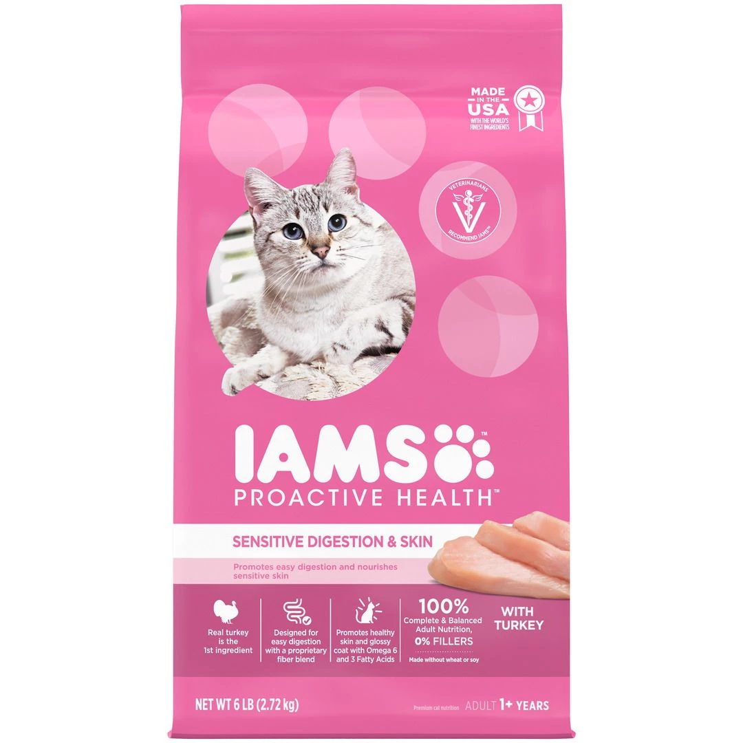 IAMS Adult Sensitive Digestion & Skin, Dry Cat Food with Turkey Cat Kibble, 10208740, 6 LB Bag 1 IAMS Adult Sensitive Digestion & Skin, Dry Cat Food with Turkey Cat Kibble, 10208740, 6 LB Bag