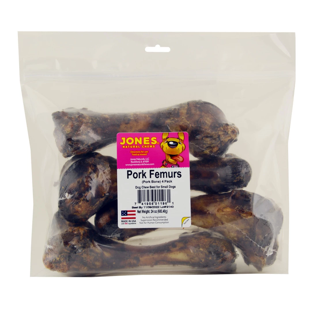 Jones Natural Chews Pork Femur 4-Pack, 01196, 24 OZ 1 Jones Natural Chews Pork Femur 4-Pack, 01196, 24 OZ