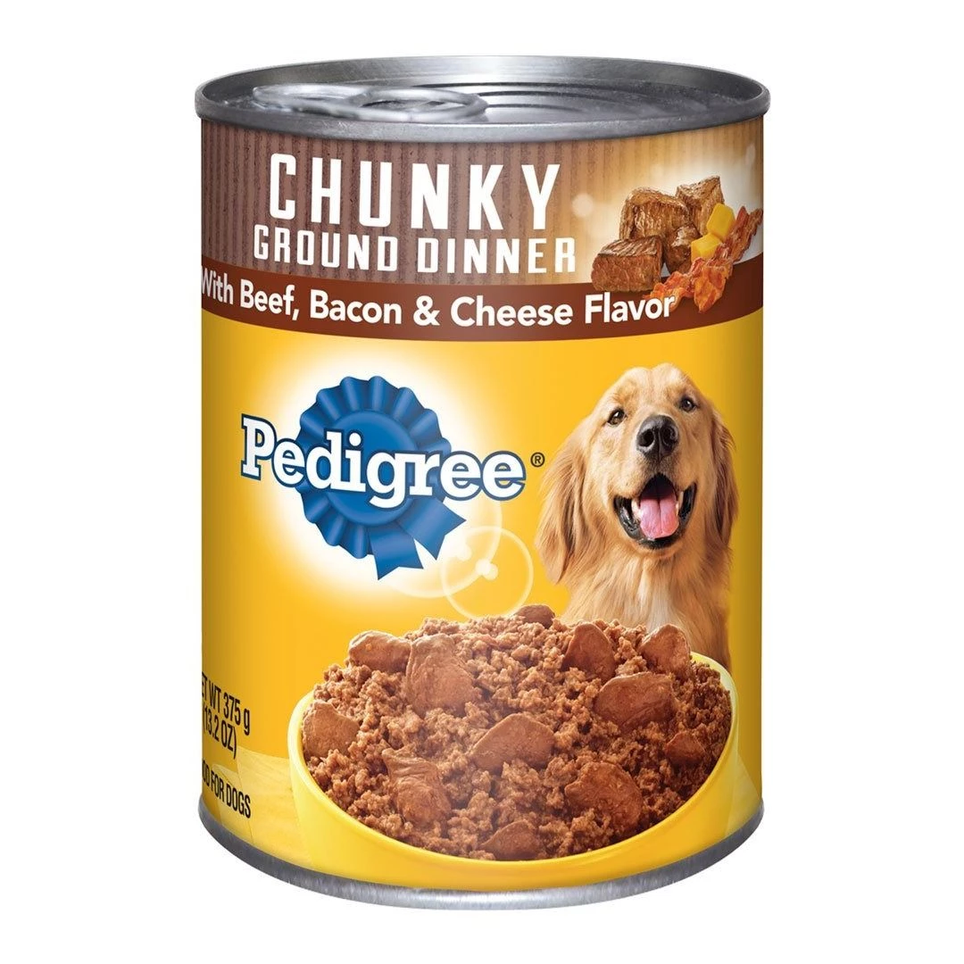 Pedigree Meaty Ground Dinner with Chunky Beef, Bacon and Cheese Dog Food, 474-002-15, 13.2 OZ Can 1 Pedigree Meaty Ground Dinner with Chunky Beef, Bacon and Cheese Dog Food, 474-002-15, 13.2 OZ Can