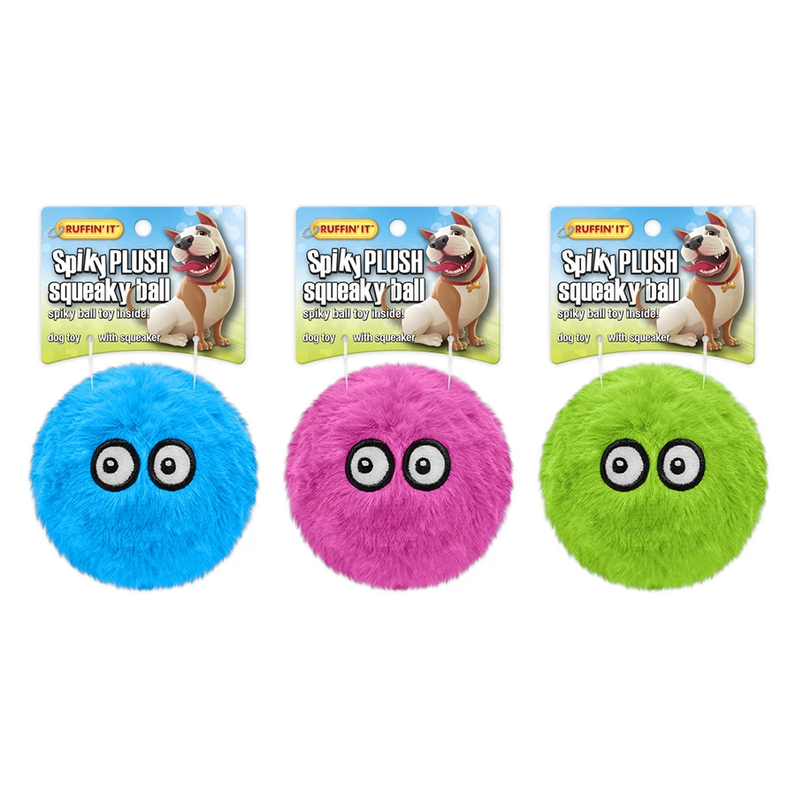 Ruffin' It Spiky Plush Squeaky Ball Asst, 7N16333 1 Ruffin' It Spiky Plush Squeaky Ball Asst, 7N16333