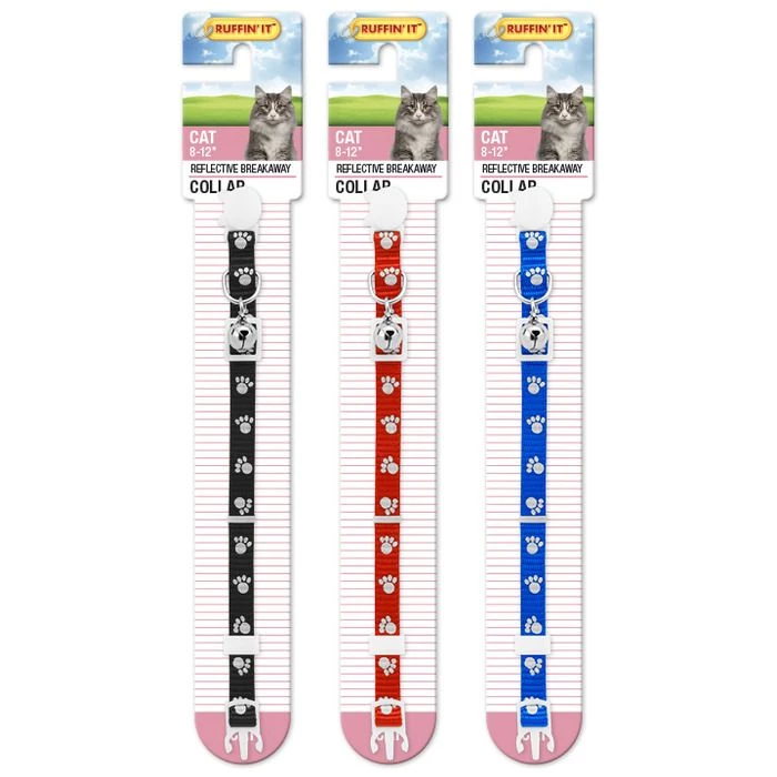 Ruffin' It Reflective Paw Print Collar with Breakaway Buckle and Bell--Black/Blue/Red, 7N39249 1 Ruffin' It Reflective Paw Print Collar with Breakaway Buckle and Bell--Black/Blue/Red, 7N39249